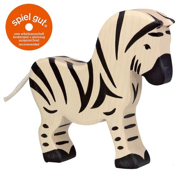 Wooden zebra toy with 'spiel gut' logo on a white background