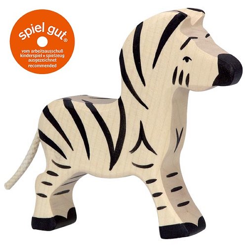 Wooden zebra toy with black stripes on a white background, featuring the 'spiel gut' logo.