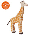 Wooden giraffe toy with 'spiel gut' logo on a white background