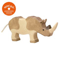 Wooden rhino toy with 'spiel gut' logo on a white background