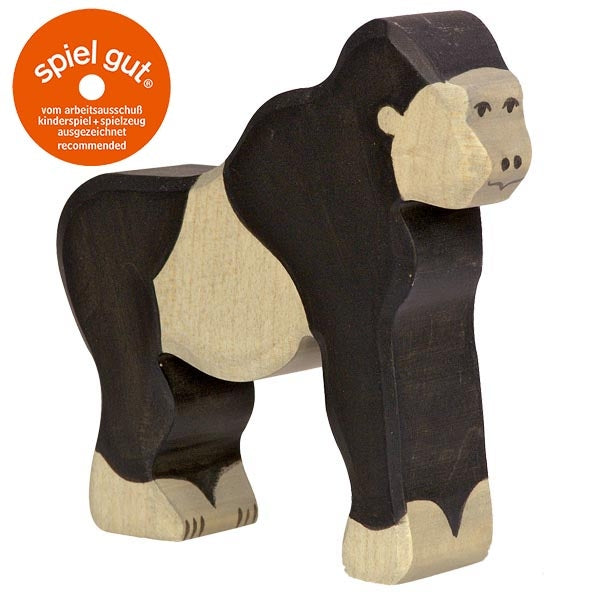 Wooden gorilla toy with 'spiel gut' certification logo on a white background