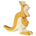 Wooden toy kangaroo with Joey on a white background