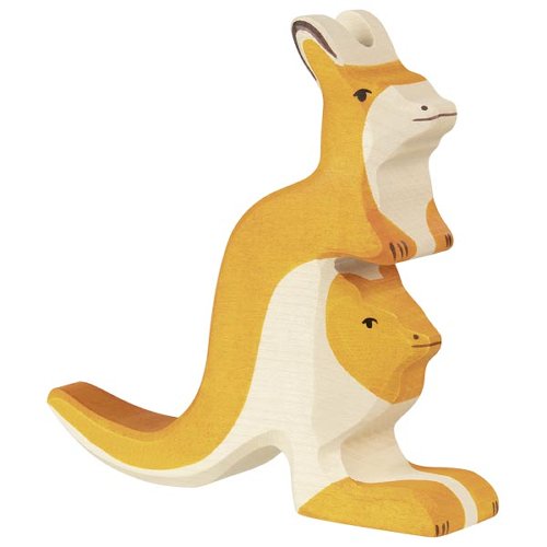 Wooden toy kangaroo with Joey on a white background