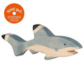 Wooden shark toy with 'spiel gut' logo on a white background