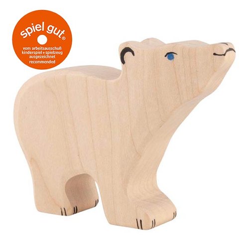 Wooden polar bear toy with 'spiel gut' logo on a white background