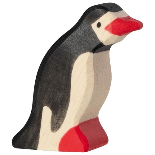 Wooden penguin figurine with a red beak and feet on a white background