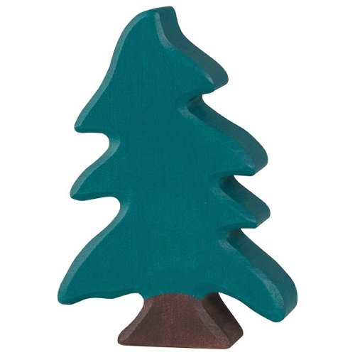 Wooden toy tree with a green body and red base on a white background