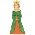 Wooden toy figure of a queen with a green gown and yellow crown on a white background
