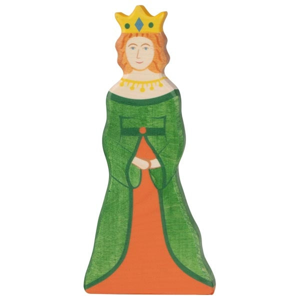 Wooden toy figure of a queen with a green gown and yellow crown on a white background