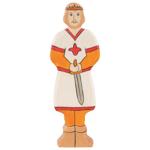 Wooden toy figure of a knight holding a sword on a white background