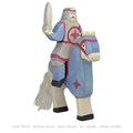 Toy figure of a knight on horseback without the horse, on a white background