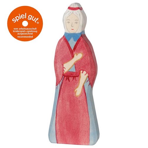 Wooden doll figure with a red dress and blue shirt, on a white background with 'spiel gut' logo.