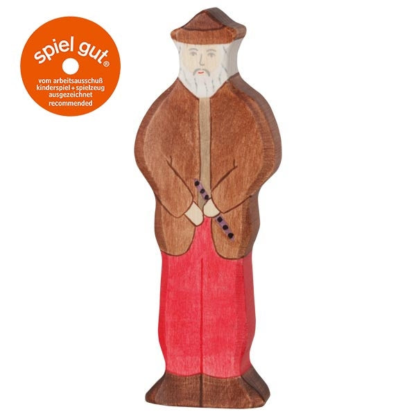 Wooden figurine of a bearded man with a red garment and brown hat, featuring 'spiel gut' logo.