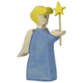 Toy figure of a character with yellow hair and star, wearing a blue dress on a white background