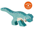 Wooden toy dinosaur figure on a white background