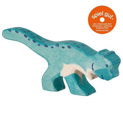 Wooden toy dinosaur figure on a white background