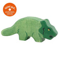 Green wooden dino toy with 'spiel gut' logo on a white background
