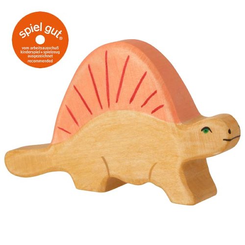 Wooden toy dinosaur with a pink back plate on a white background