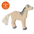 Wooden horse toy with 'spiel gut' certification logo on a white background