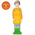 Wooden toy figure of a person wearing a yellow apron on a white background