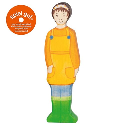Wooden toy figure of a person wearing a yellow apron on a white background