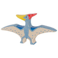 Colorful dinosaur toy with blue wings on a white background