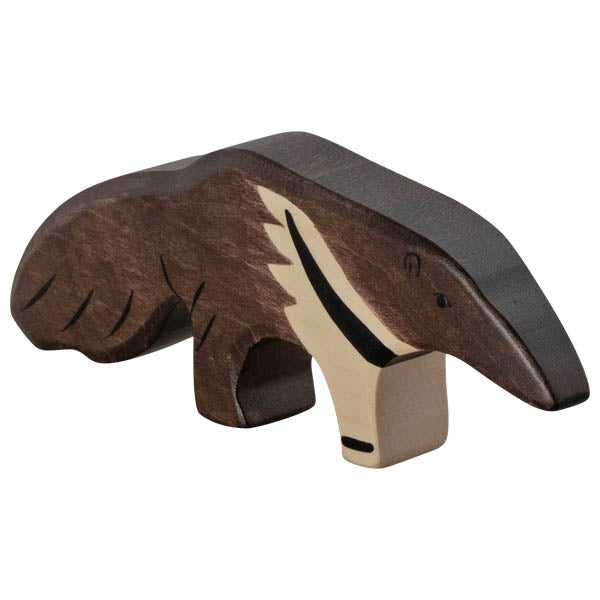 Wooden anteater toy figure on a white background