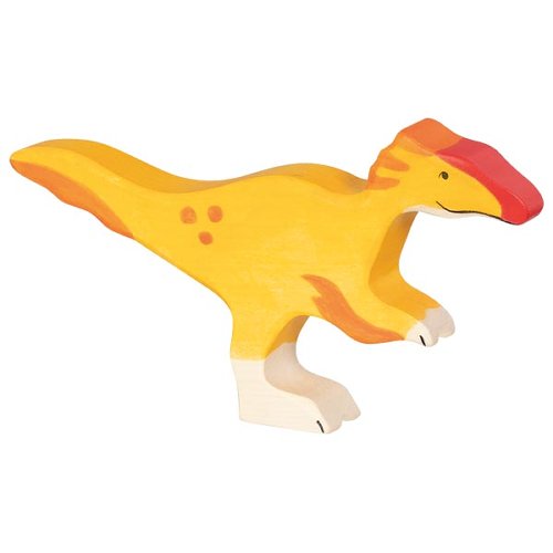 Yellow dinosaur toy figure with a red crest on a white background