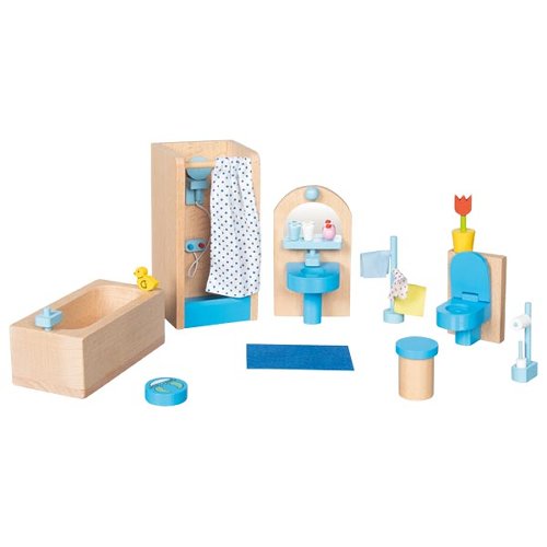 Set of wooden toy bathroom furniture on a white background