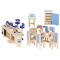 Wooden play kitchen set with blue accents on a white background