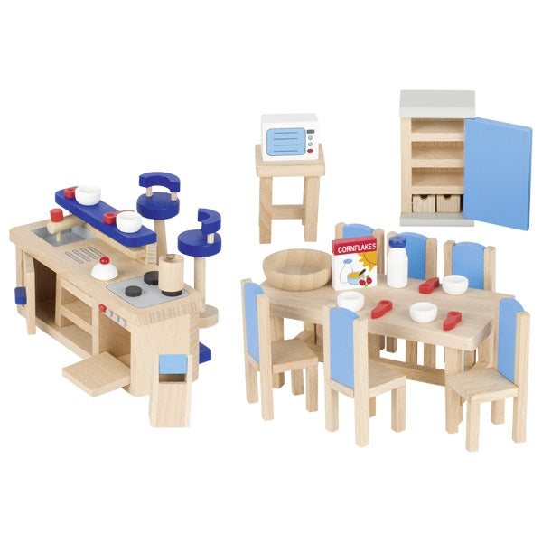 Wooden play kitchen set with blue accents on a white background