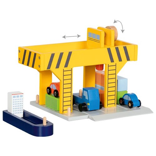 Toy crane with cars on a white background