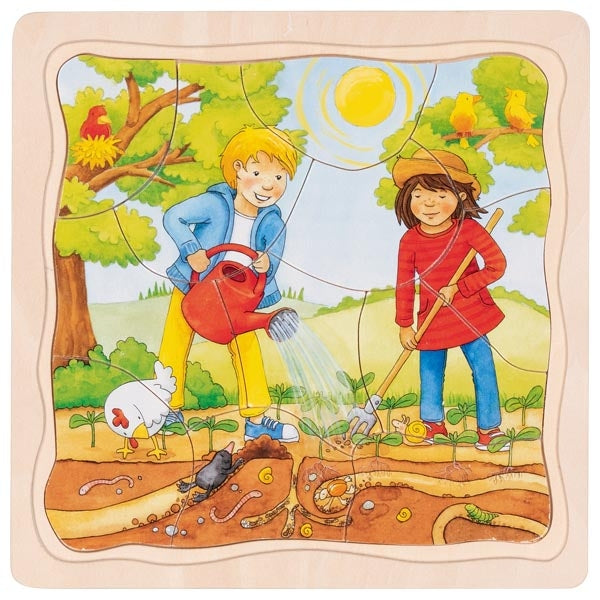 Children's puzzle with illustration of two children gardening in a garden.