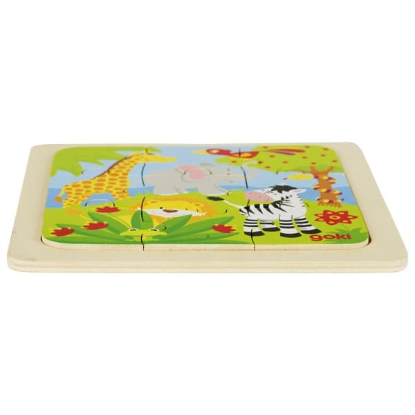 Children's wooden puzzle with animal illustrations on a white background