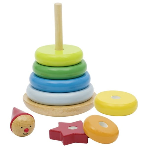 Colorful wooden stacking toy with additional pieces on a white background
