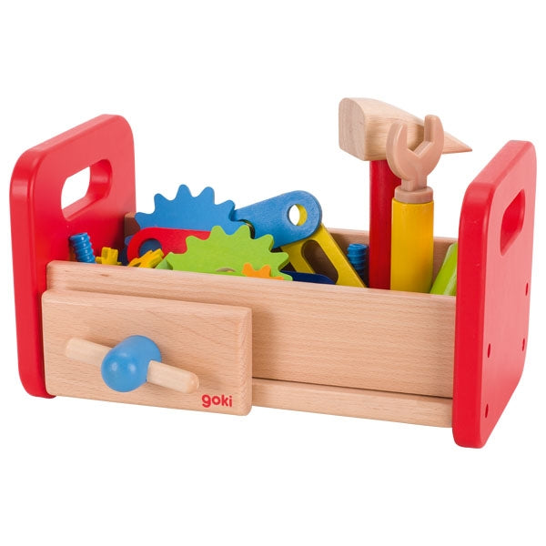 Toy toolbox with colorful tools and gears on a white background