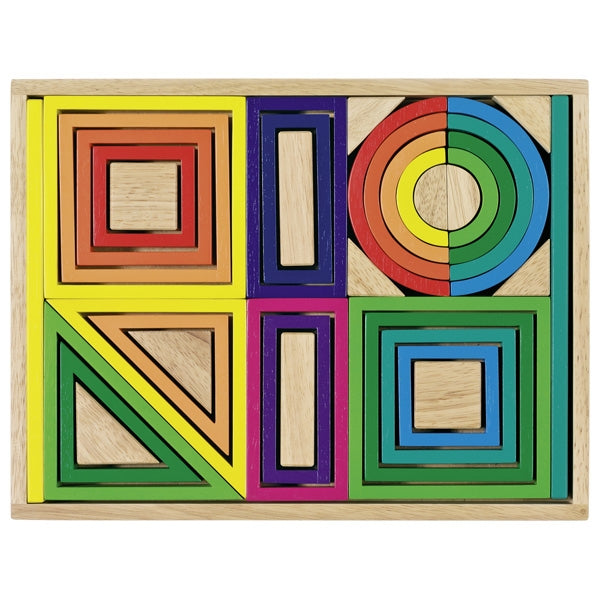 Colorful wooden geometric shapes on a white background