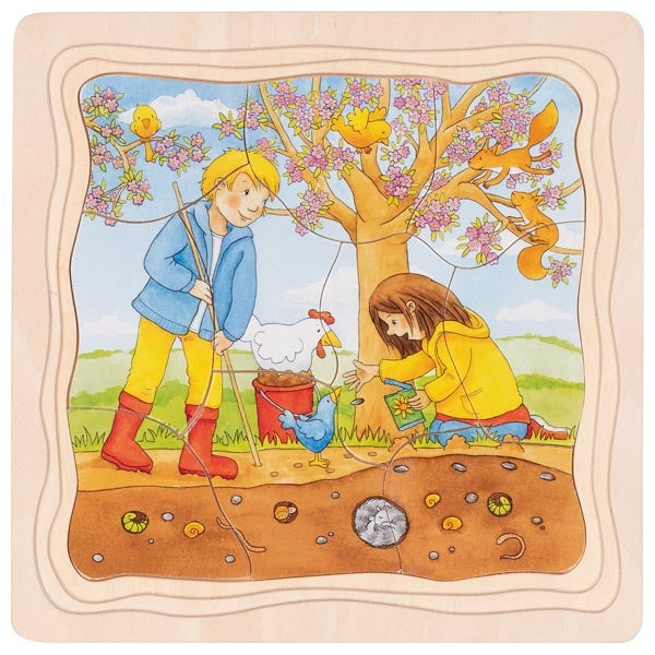 Illustration of two children playing with a chicken under a tree with birds.