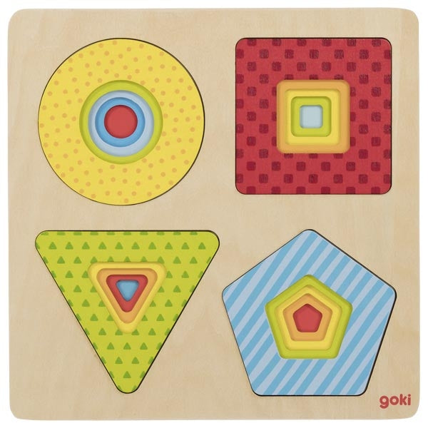 Wooden shape sorting puzzle with colorful geometric shapes on a beige background