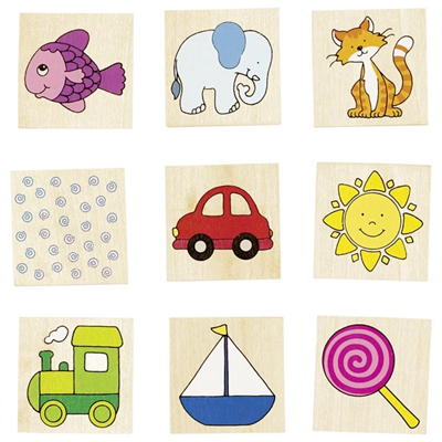 Wooden memory game with various animal and object designs on a white background