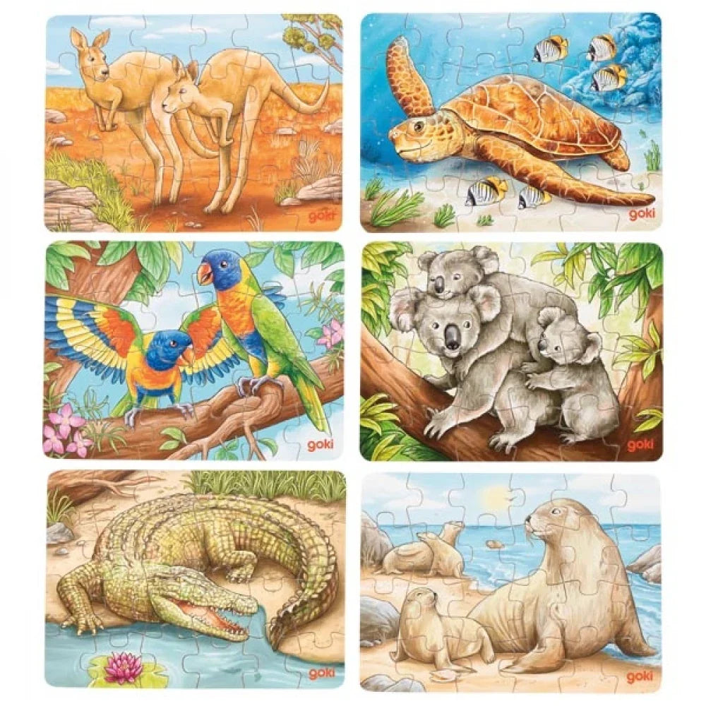 Set of six Australian animal-themed children's puzzles with various animals on each piece.