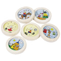 Small round pinball game with colorful cartoon designs on a white background
