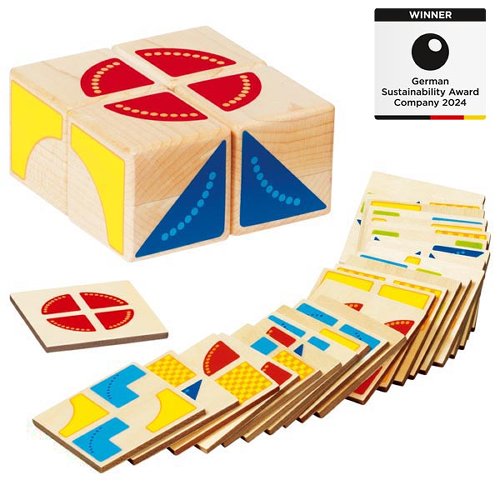 Wooden geometric shape sorting toy with colorful pieces and a box on a white background.