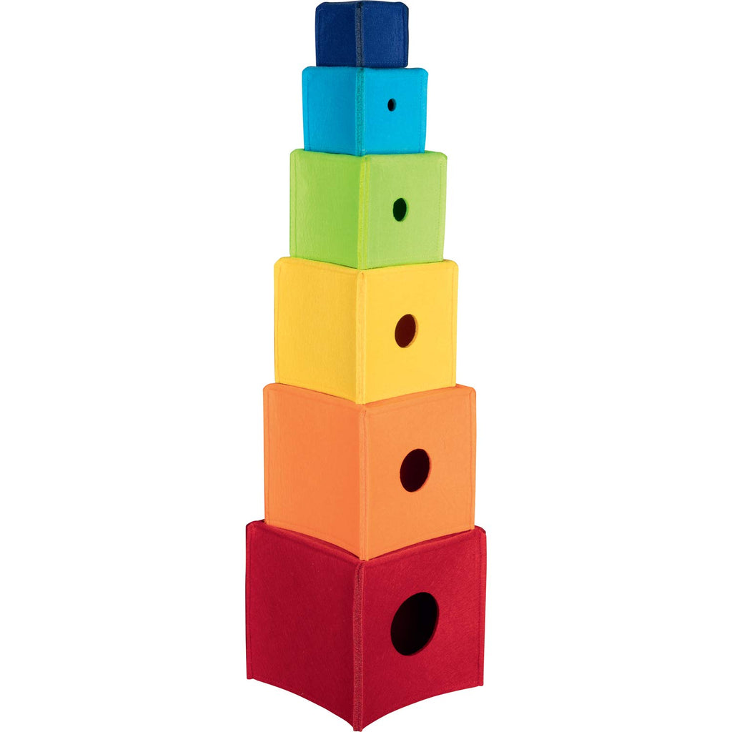 Stack of colorful building blocks on a white background