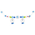 Colorful baby teething toy with various shapes and patterns on a white background
