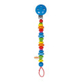 Colorful pacifier clip with rainbow beads on a white background