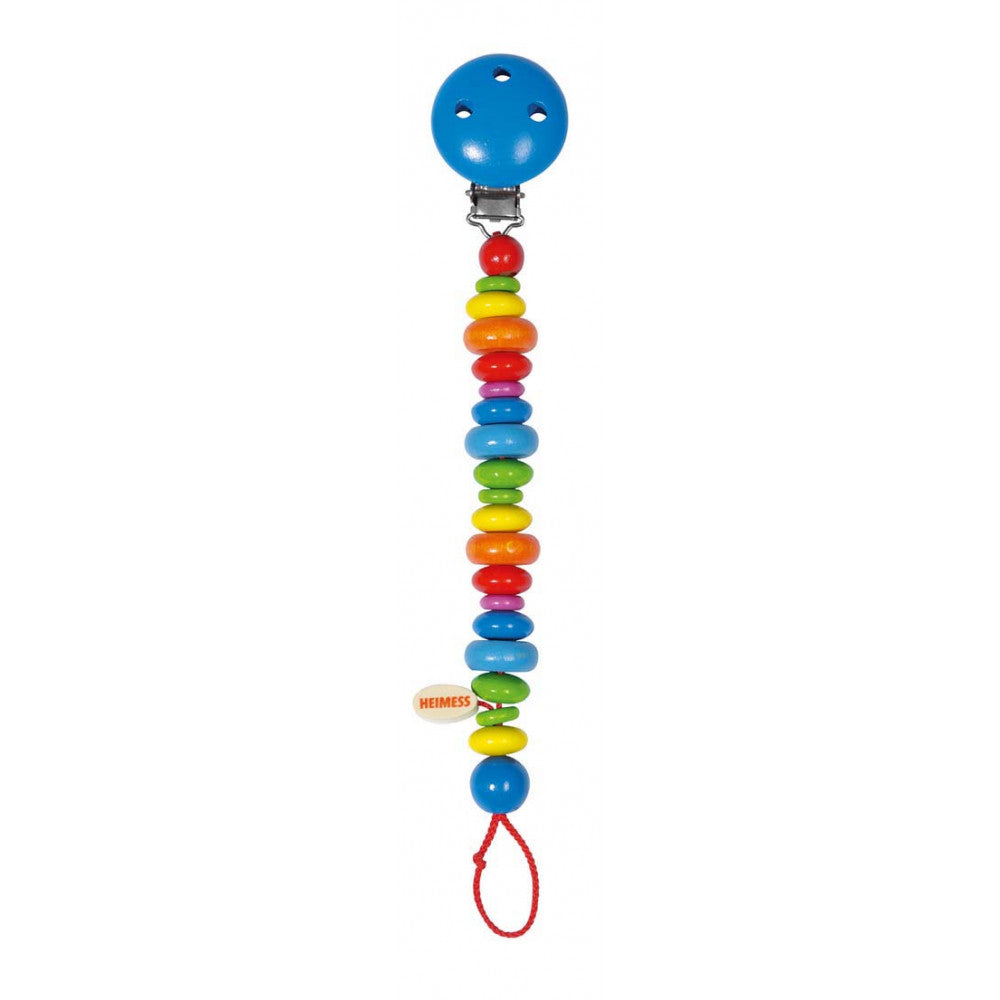 Colorful pacifier clip with rainbow beads on a white background