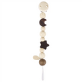 Decorative pacifier clip with wooden beads on a white background