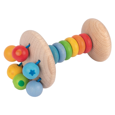 Colorful wooden baby rattle with beads on a white background