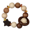 Wooden and amber teething bracelet with various shapes and colors on a white background